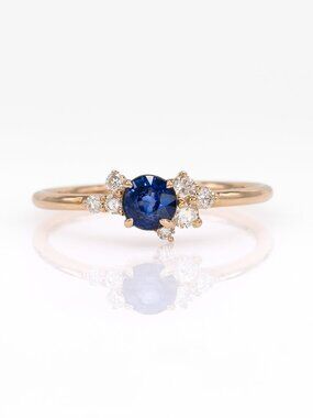 0.60 Ct Natural Ceylon Blue Sapphire & Diamond Ring in Solid 14K Yellow Gold
